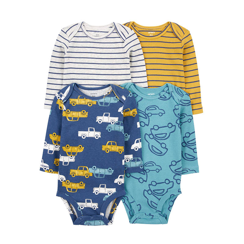 Carter's Boys 4-pk Long Sleeve Bodysuit set, Cars / Stripes