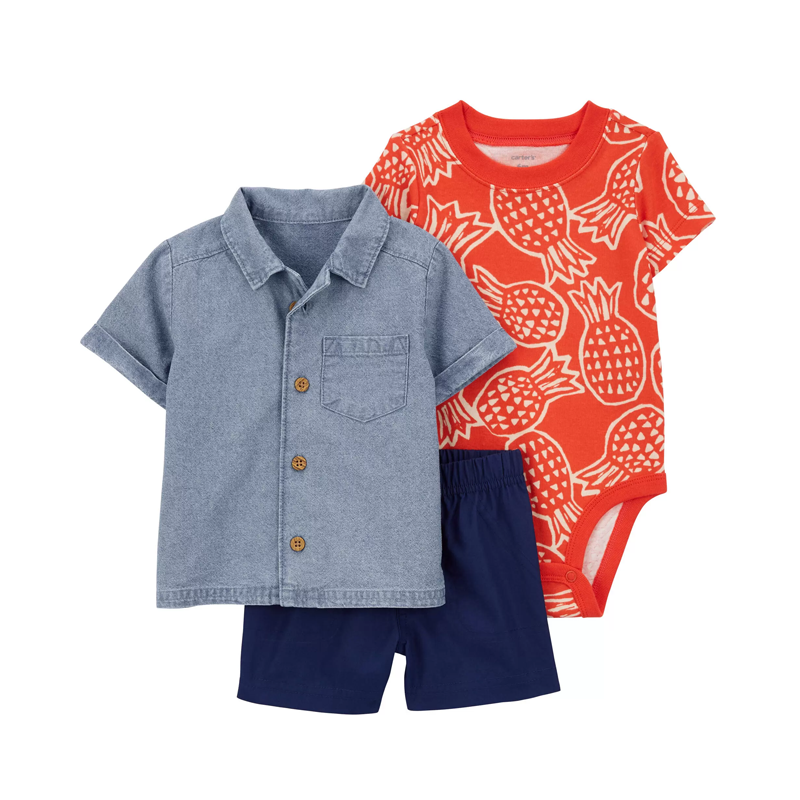 Carter's Boys 3-pc Button Up Shirt, Bodysuit & Shorts set, Chambray / Pineapples